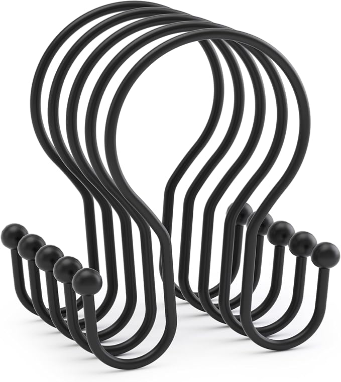 AmazerBath Shower Curtain Hooks Black Shower Curtain Rings, Simple Double Hook Shower Curtain Hooks Rust Proof, Smooth Sturdy Metal Shower Hooks for Shower Curtain Rod, 12 Pcs Shower Rod Hooks