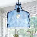 16" Extra Large Farmhouse Pendant Light – Hand-Blown Blue Hammered Glass Shade, Black Finish, Adjustable Chain Hanging Light Fixture for Kitchen Island, Dining Room, Hallway