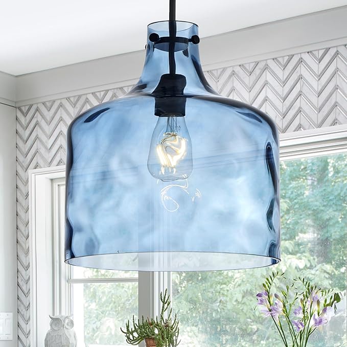 16" Extra Large Farmhouse Pendant Light – Hand-Blown Blue Hammered Glass Shade, Black Finish, Adjustable Chain Hanging Light Fixture for Kitchen Island, Dining Room, Hallway