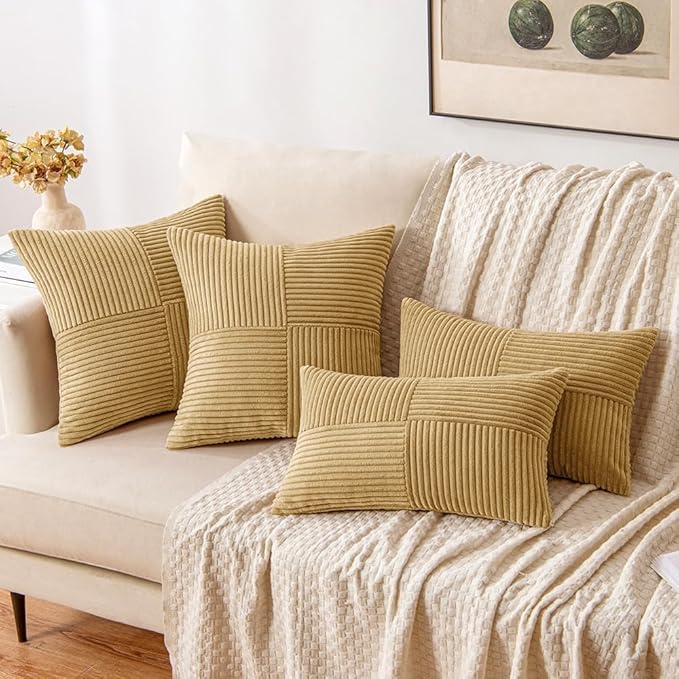 MIULEE Khaki Corduroy Pillow Covers Pack of 2 Boho Decorative Spliced Throw Pillow Covers Soft Solid Couch Pillowcases Cross Patchwork Textured Cushion Covers for Living Room Bed Sofa 24x24 inch