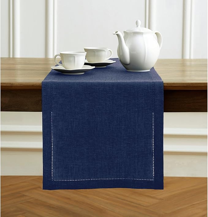 Solino Home Linen Table Runner 90 Inches Long - Milan Hemstitch 100% Pure Linen Chambray Navy Dining Table Runner 14 x 90 Inch for Fall, Autumn, Thanksgiving, Christmas, Holiday