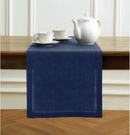 Solino Home Linen Table Runner 90 Inches Long - Milan Hemstitch 100% Pure Linen Chambray Navy Dining Table Runner 14 x 90 Inch for Fall, Autumn, Thanksgiving, Christmas, Holiday