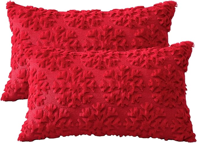 OTOSTAR Set of 2 Xmas Soft Plush Short Wool Velvet Decorative Throw Pillow Covers Rectangular Luxury Style Cushion Case Pillow Shell for Sofa Bedroom Snowflake Red, 16x24 Inch