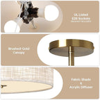13" Semi Flush Mount Ceiling Light Fixture, Modern Drum Ceiling Light with Textured Linen Fabric Shade and Gold Base, 3-Light Farmhouse Lighting for Bedroom, Kitchen, Entryway, Living Room