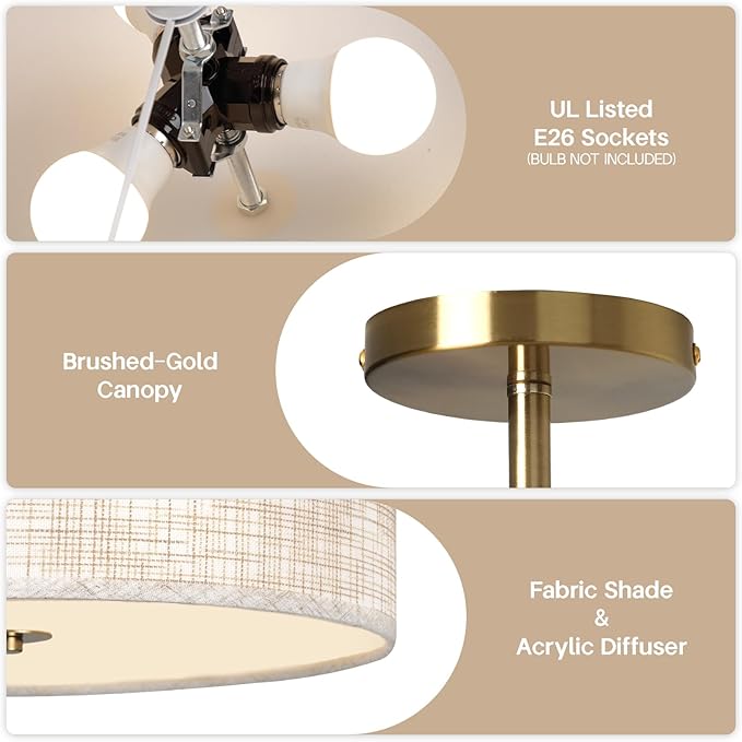 13" Semi Flush Mount Ceiling Light Fixture, Modern Drum Ceiling Light with Textured Linen Fabric Shade and Gold Base, 3-Light Farmhouse Lighting for Bedroom, Kitchen, Entryway, Living Room
