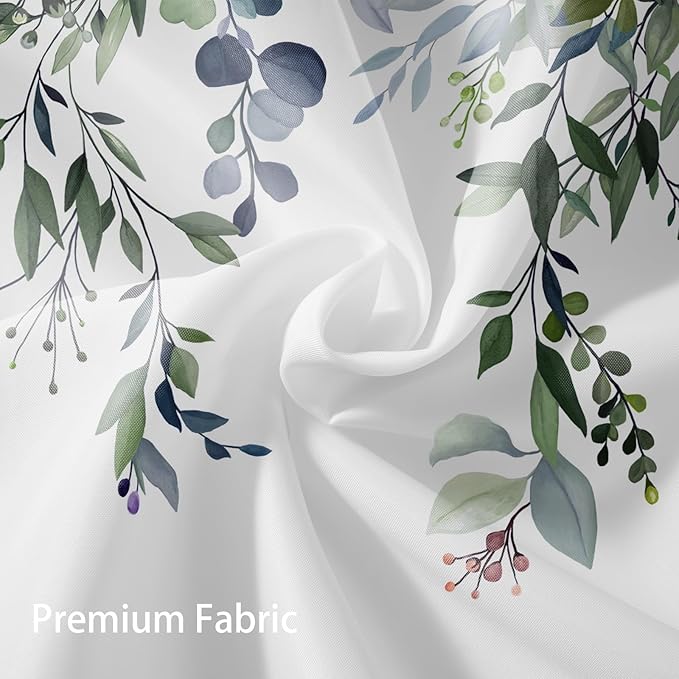 Eucalyptus Shower Curtain, Green Watercolor Leaves with Floral Botanical Bathroom Decor, Waterproof Fabric Bath Curtain Set with Hooks, 72x72 Inches