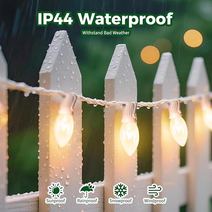 C9 Christmas String Lights Outdoor 50ft Vintage Christmas Tree Lights for Indoor Outdoor Roofline Patio Room Holiday Party Backyard Xmas Decoration, White Wire, 50+2 Bulbs