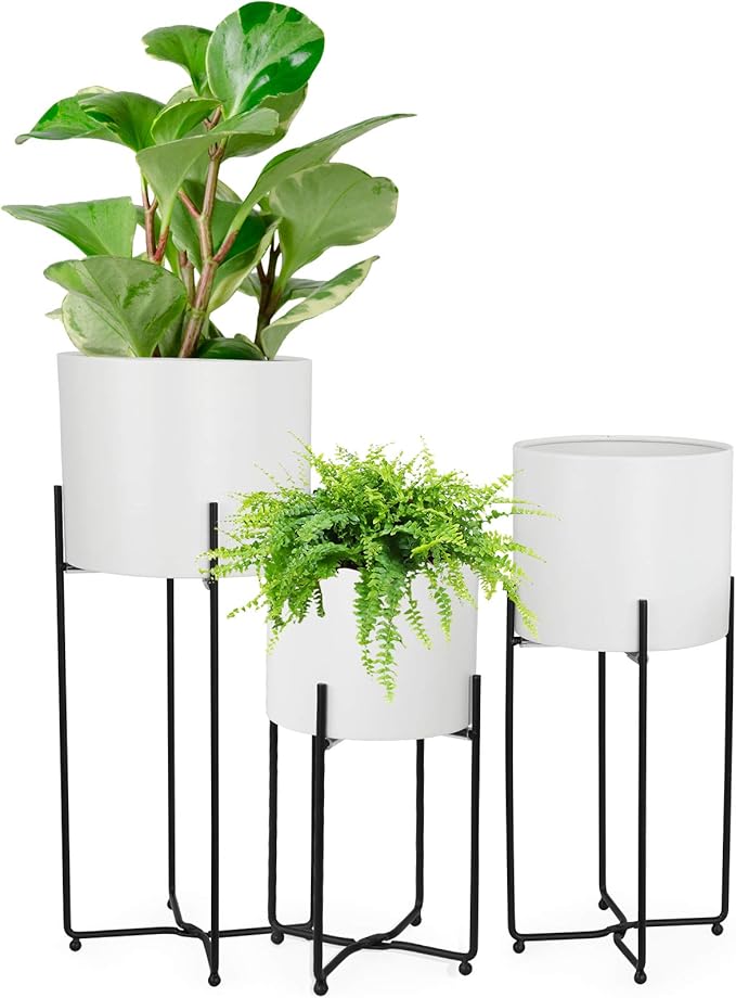 Sinolodo Mid Century Planter with Gold Plant Stand, 3 pcs Modern Planters for Indoor Plants, Metal Floor Planter Set with Foldable Stand(Pack of 3) (White Pot Black Stand, 9''+8''+7'')