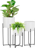 Sinolodo Mid Century Planter with Gold Plant Stand, 3 pcs Modern Planters for Indoor Plants, Metal Floor Planter Set with Foldable Stand(Pack of 3) (White Pot Black Stand, 9''+8''+7'')