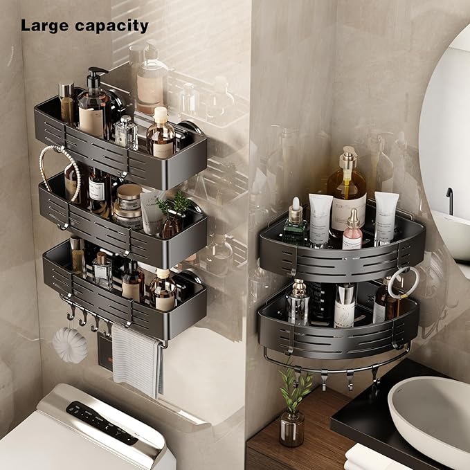 VOLPONE Shower Caddy Suction Cup No Drilling Suction Cup Shower Shelf Heavy Duty Bathroom Shower Organizer Storage Rack Adhesive with Towel Bar Hooks (2-Pack, Matte Gray)
