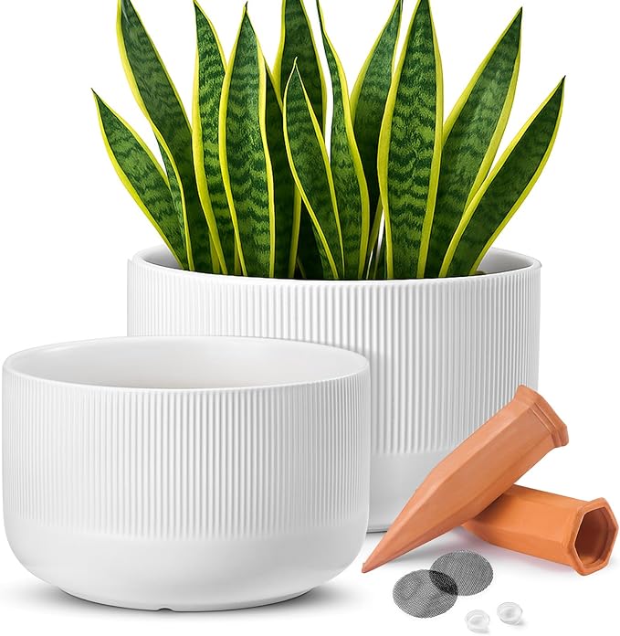 Ceramic Planters - 10+12 Inch Large Pots for Indoor & Outdoor Plants, Modern Flower Pots with Drainage Holes and Self Watering Devices, House White Big Plant Pot, Set of 2