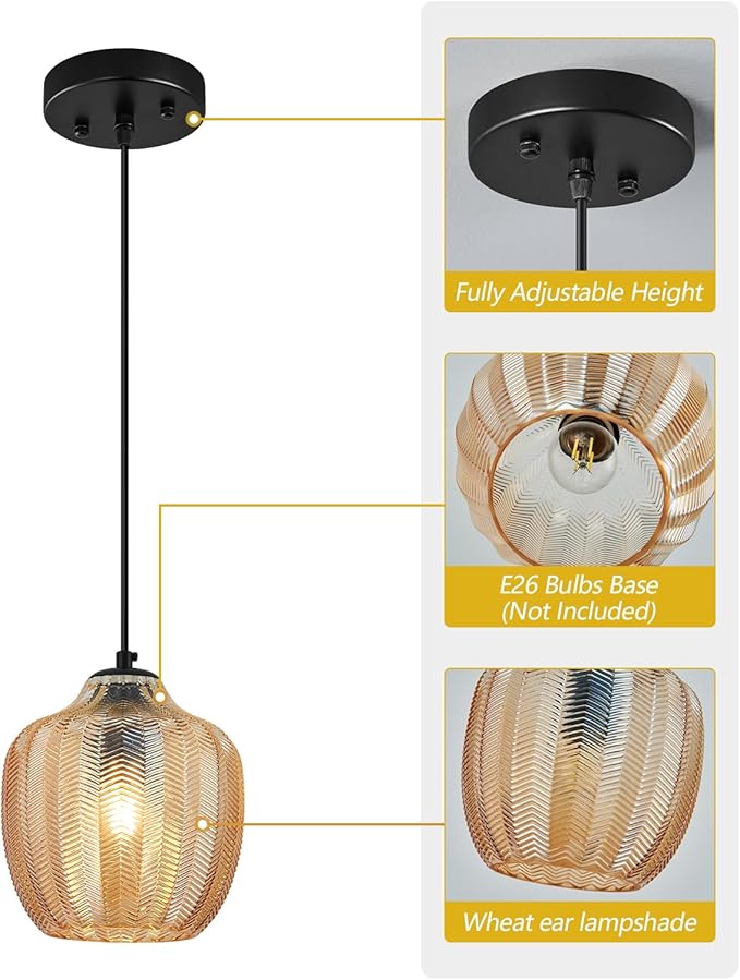 Amber Glass Pendant Lights Kitchen Island 2 Pack 6.29 in Glass Globe Pendant Light Fixture Adjustable Modern Farmhouse Pendant Lighting for Bedroom Dining Room