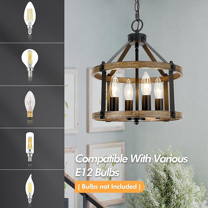4-Light Farmhouse Chandelier, 12.5 Inch Rustic Black and Vintage Wood Finish Chandeliers for Dining Room Light Fixture, Adjustable Height Hanging Light for Kitchen Island, Entryway, Indoor
