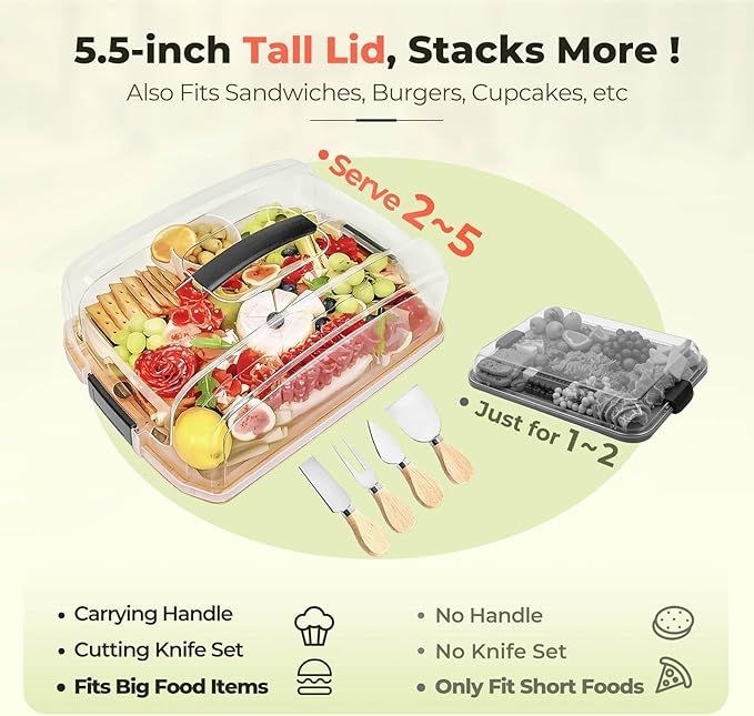 Large Portable Bamboo Charcuterie Board with Lid & Handle, Flip-to-Cut Cutting Board Set, 6 Compartments, Cheese Knives & Accessories, for Women, Bride Parties, Housewarming & Weddings