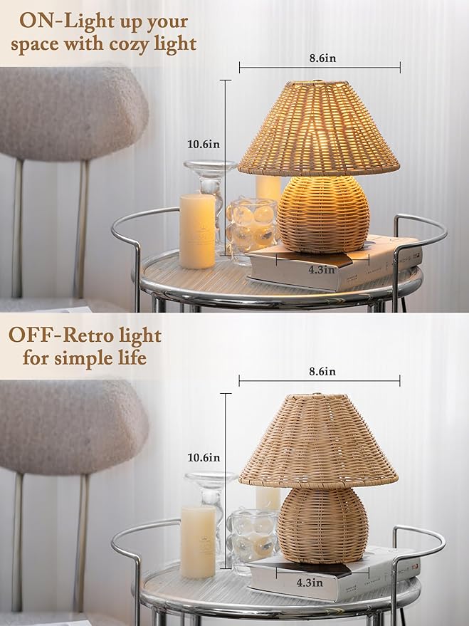 Mini Boho Lamp Rattan Lamps,3 Colors Modes Vintage Wicker Light,Small Table Lights for Bedroom Living Room Home Office Art Decor,7W E26 Bulb Included