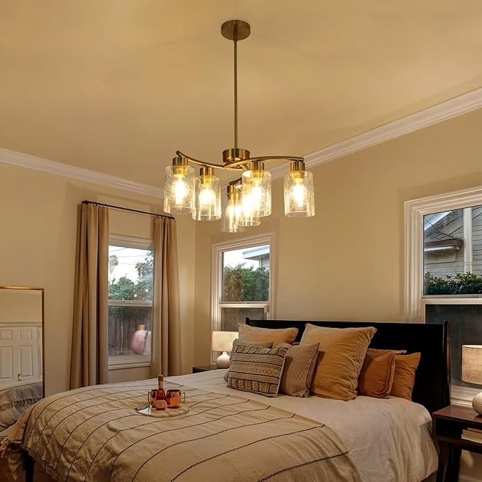 Modern Chandeliers for Dining Room 6-Light Gold Chandelier Seeded Glass Pendant Lights Kitchen Island for Living Room Foyer Bedroom E26 Base