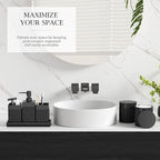 6-Piece Black Bathroom Set - Sleek Resin Organizer with Soap Dispenser, Toothbrush Holder, Vanity Tray, Tumbler & Apothecary Jars for Small Spaces