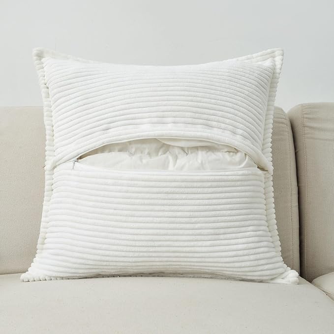 HAUSSY Pure White Throw Pillow Covers 18x18 Inch Set of 2,Soft Solid Corduroy Striped/Wide Bordered,Square Decorative Cushion Case,Spring Home Decorations for Couch,Bed