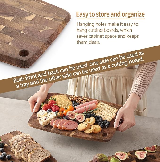 XINZUO Small Acacia Wood End-Grain Kitchen Cutting and Serving Board, for Kitchen, 14" x 9" Reversible Wooden Chopping Board for Meat, Cheese, Fruit & Vegetables,Easy to Clean(Rectangular)