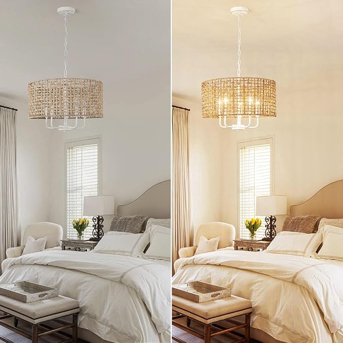 Rattan Chandelier 5-Light Farmhouse Boho Pendant Light Fixture for Dining Room Brown and White Woven Chandeliers for Ceiling Light,Bedroom,Living Room,Foyer,Kitchen Island,Coastal,Stairway,Hallway