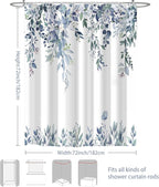 Eucalyptus Shower Curtain, Blue Watercolor Leaves with Floral Botanical Bathroom Decor, Waterproof Fabric Bath Curtain Set with Hooks, 72x72 Inches