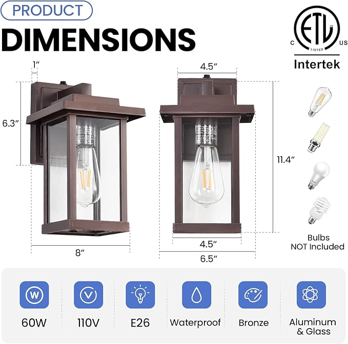 Exterior Light Fixtures 2 Pack, Modern Outdoor Wall Lanterns Farmhouse Outdoor Porch Light for House Patio Front Door Entryway, Bronze