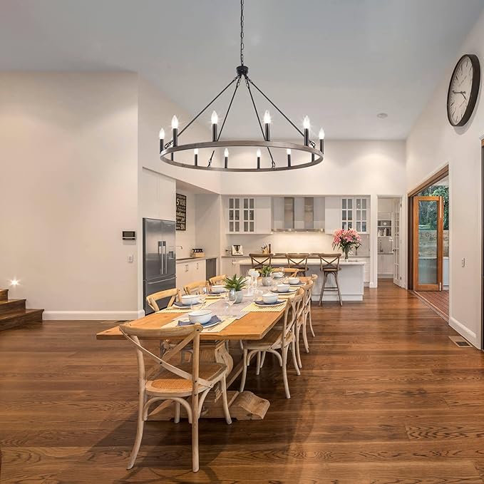 12-Light Black Wagon Wheel Chandelier, 38''Rustic Farmhouse Chandelier,Round Hanging Ceiling Pendant Light Fixture,for Kitchen Island Living Dining Room Bedroom Hallway Entryway Foyer