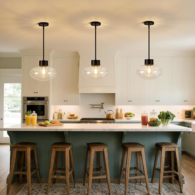 Large Glass Pendant Lights Kitchen Island, 12 Inch 1-Light Black Pendant Light with Clear Globe Glass and Rods, Modern Hanging Lighting for Kitchen Dining Room Entryway, OS-JJ1513-1PLBK