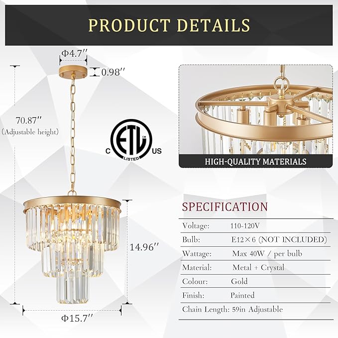 Gold Crystal Chandeliers 16" Modern 6-Light Small Pendant Light Luxury 3 Tiers K9 Crystal Ceiling Pendant Round Light Fixture for Dining Room Entryway Kitchen Bedroom Closet