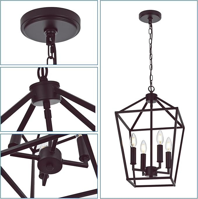 MELUCEE Farmhouse Chandelier in Oil Rubbed Bronze 4 Lights Lantern Pendant Light Vintage Openwork Cage Hanging Light Fixtures Ceiling for Kitchen Island Dining Room Entryway, E12 Base