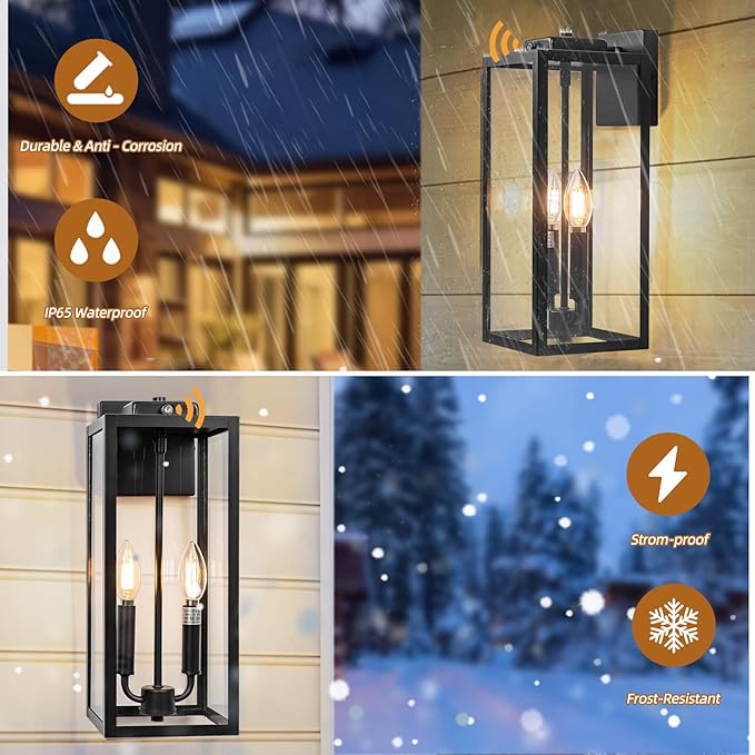 Dusk to Dawn Outdoor Light Fixture 2-Light, Large Outdoor Lantern 16” IP65 Waterproof Exterior Sconce with Photocell Sensor Outside Wall Light for House Front Porch Wall Mounted Lamp, E12