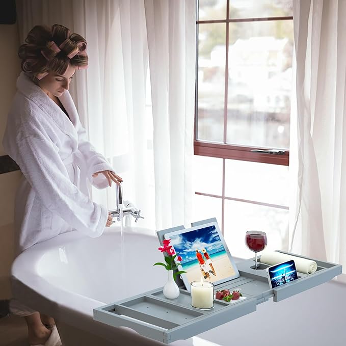 Premium Bamboo Bathtub Caddy Tray - Bath Tray - Bath Tub Tray Table for Bathtub - Bath Caddy Tray for Bathtub, Expandable Size, Fits Most Bath Tubs - Grey