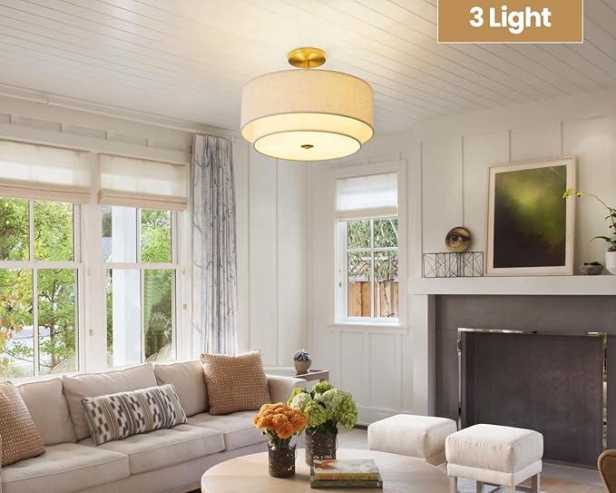 Double Drum 3 Light Semi Flush Mount Ceiling Light, Close to Ceiling Light Fixture, 16 Inch with Fabric Linen Shade, Gold Brass, for Living Room, Bedroom, Dining Room,Hallway and Entryway