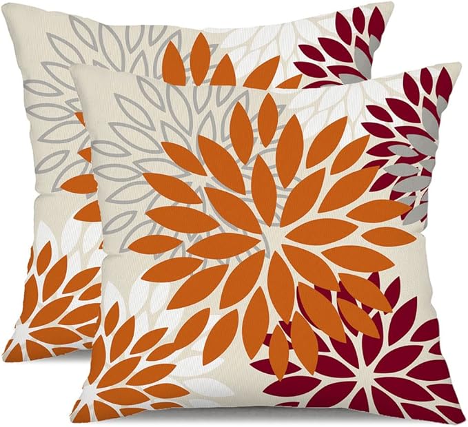 DFXSZ Orange Wine Red Flower Pillow Covers 16x16 Inch Set of 2 Outdoor Throw Pillows Outdoor Waterproof Decor for Living Room Sofa Patio Funiture Garden Floral Polyester Pillow Covers 002S16