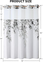 QiyI No Hook Shower Curtain with Snap in Fabric Liner, Grey Eucalyptus Shower Curtain with See Through Top Window, Waterproof Washable Cloth Ringless Shower Curtain Set for Bathroom, 72 x 75