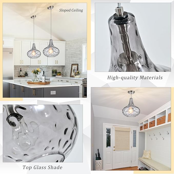 11" Smoked Hammered Glass Pendant Light – Blown Glass Ceiling Fixture with Brushed Nickel Finish, Modern Industrial Lighting for Kitchen Island, Dining Room, Hallway, Living Room