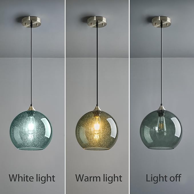 Gray Green Glass Pendant Lights Kitchen Island Lighting Globe Pendant Light Fixtures Modern Pendant Lighting for Kitchen Island Bedroom Living Dining Room Light Fixture(9.84in, 2-Pack)