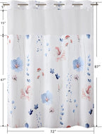 QiyI Flower Shower Curtain with Snap in Fabric Liner, Blue Watercolor Floral Cloth Bath Curtains, No Hook Shower Curtains with Mesh Top Window, Fabric Waterproof Bathroom Curtain Set, 72 x 87 Inch