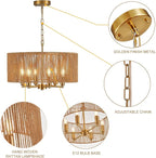 20“ Hand-Woven Rattan Chandelier Vintage Farmhouse Boho Bamboo Golden Chandelier Light Fixture Retro Drum Wicker Gold Chandeliers for Dining Room, Kitchen Island, Living Room
