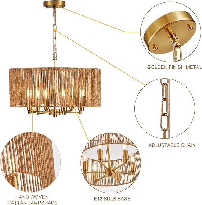 20“ Hand-Woven Rattan Chandelier Vintage Farmhouse Boho Bamboo Golden Chandelier Light Fixture Retro Drum Wicker Gold Chandeliers for Dining Room, Kitchen Island, Living Room