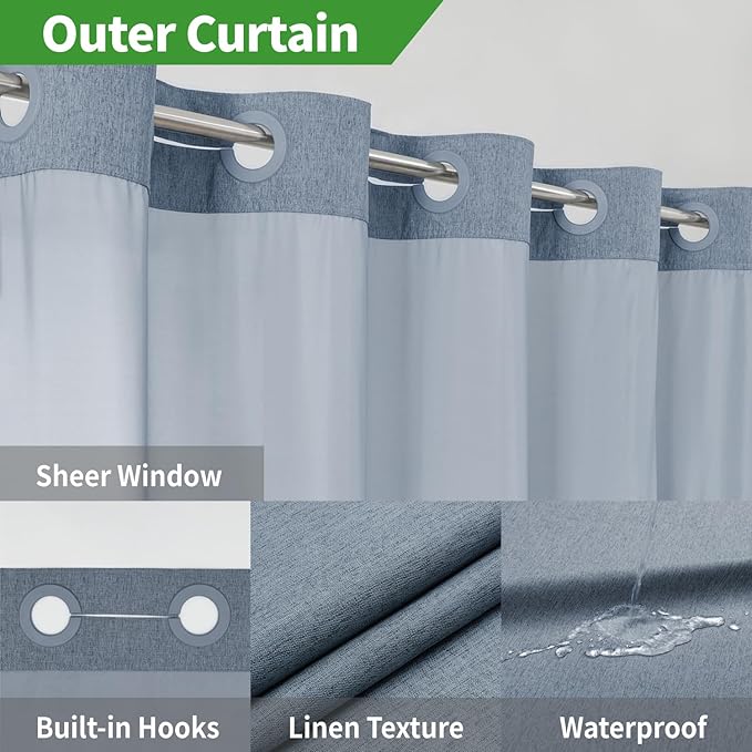 Long No Hooks Needed Linen Textured Shower Curtain with Snap-in Fabric Liner Set,Blue Grey Hotel Luxury Decor Shower Curtains for Bathroom,Waterproof & Washable,71Wx80H