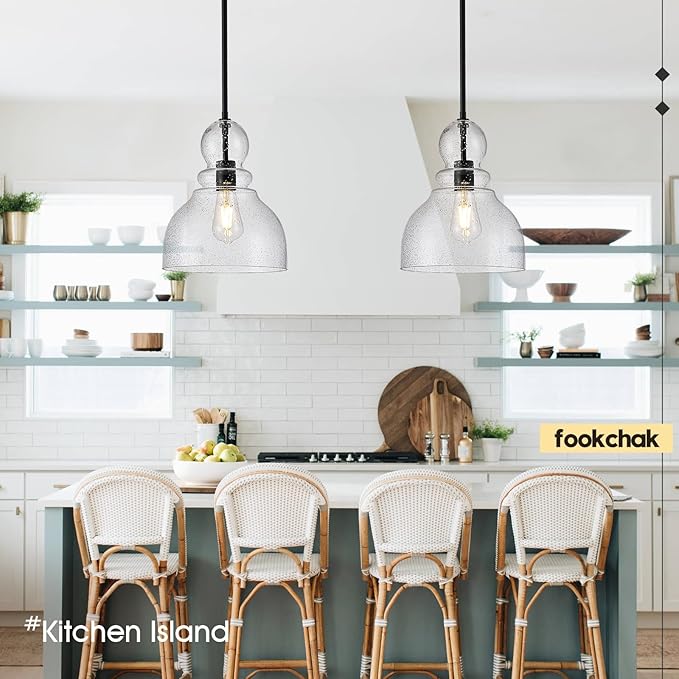 10" Seeded Glass Pendant Lights Kitchen Island Black Pendant Ceiling Light with Hand-Blown Clear Glass Over Dining Table Kitchen Sink Entryway Hallway, E26