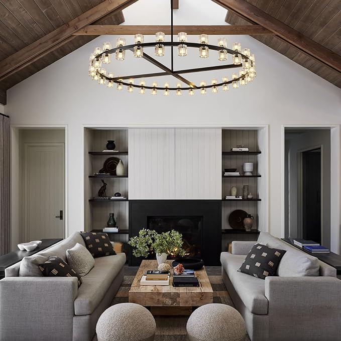Modern 60 inch Black Round Chandelier, Extra Large Chandeliers Crystal Chandeliers for Living Room, Large Wagon Wheel Chandelier for Foyer, Staircase, Entrance,Includes Bulb