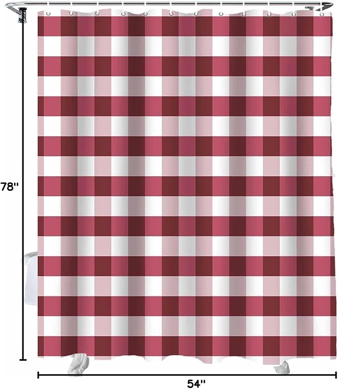 Christmas Shower Curtain,Rustic Burgundy White Buffalo Check Plaid Pattern Shower Curtains Set with Hooks, Farmhouse Waterproof Fabric Bathroom Curtains Decor Home Accessories, Stall Long 54 X 78 Inch
