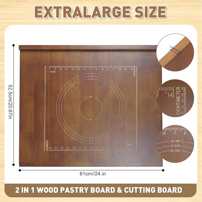 24" x 20" Reversible Wooden Pastry Board Wood Pasta Board with Lip Bread Board Cutting Board Chopping Board Pie Board with Engraved Ruler for Counter Top Kitchen-Brown