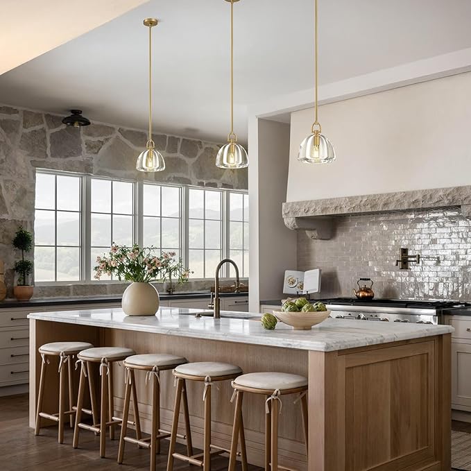 Botanist Crystal Dome Pendant Light Fixture,7" Crystal Modern Brass Pendant Lights Kitchen Island, Hanging Crystals Dome Pendant, Gold Kitchen Pendant Lighting Over Island,E12 Bulb Included