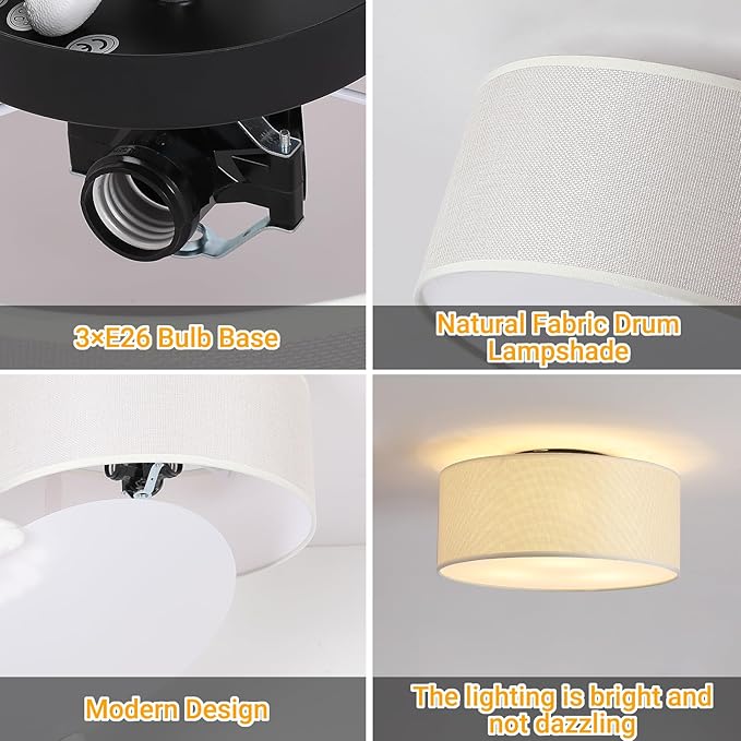 3-Light Semi Flush Mount Ceiling Light Fixture,Round Ceiling Light Fixture for Bedroom,12.6" Modern Close to Ceiling Light with Linen Fabric Drum Shade,Ceiling Lamps for Hallway Living Room