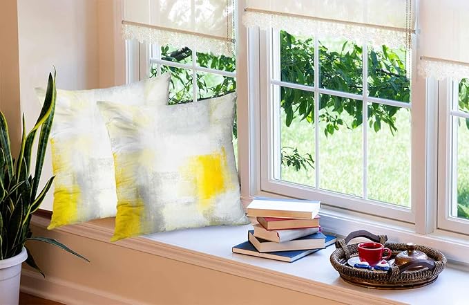 CAPSCEOLL Yellow Grey Throw Pillow Covers Modern Home Art Decor,18 X 18 Inches Set of 2 Pillow Cases Decorative,Abstract Oil Painting Pillowcases for Bedroom,Living Room,Cushion Couch Sofa