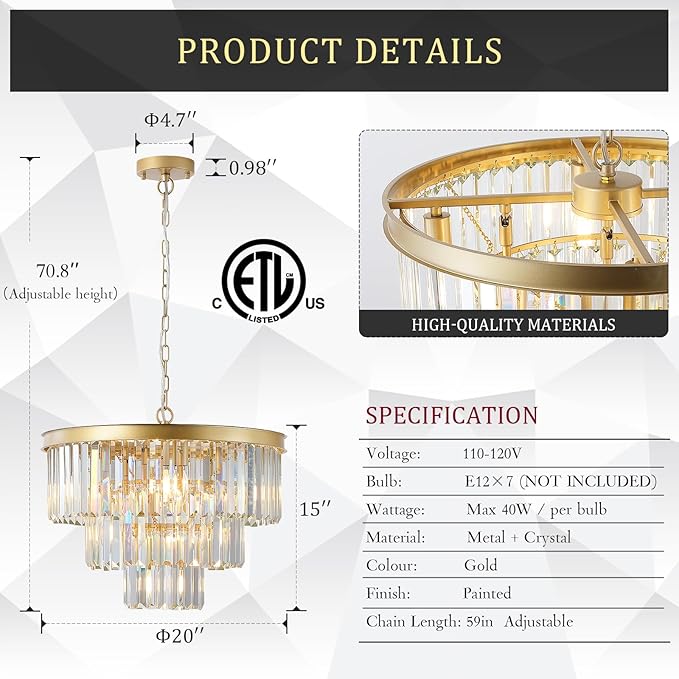 Modern Crystal Chandeliers,Gold 20” Round Chandeliers for Dining Room 3 Tiers 7 Lights Luxury K9 Crystal Ceiling Pendant Light Fixture for Foyer Bedroom Closet
