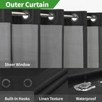 Long No Hooks Needed Linen Textured Shower Curtain with Snap-in Fabric Liner Set,Black Hotel Luxury Decor Shower Curtains for Bathroom,Waterproof & Washable,71Wx80H